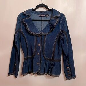 The Pyramid Collection Dark Blue Jean Jacket Ruffle and Lace Trim. Medium NWOT